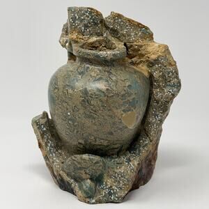 Green Beige Carved Stone Vase Natural Rock Decorative Sculpture Handmade 6.5in